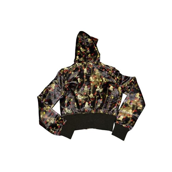 Lot29 Y2K Black Satin Skull Print Cropped Zip Hoodie Jacket Gold Logo Women’s M - Picture 10 of 13